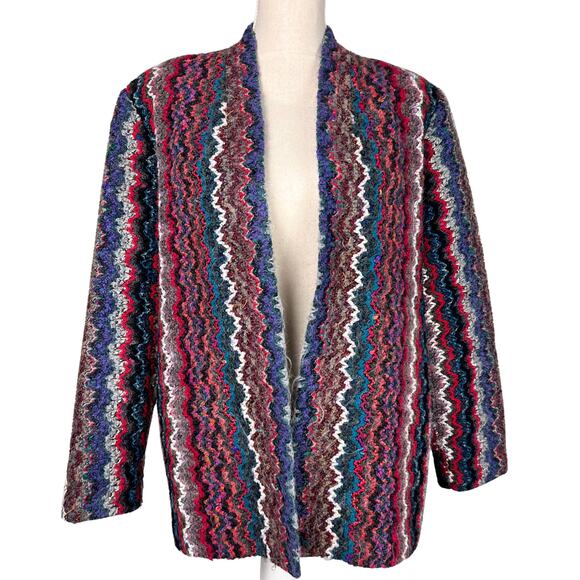 Graff Vintage Multicolor Zig Zag Knit Jacket Coat 16 Boho Retro Pockets - Picture 2 of 10